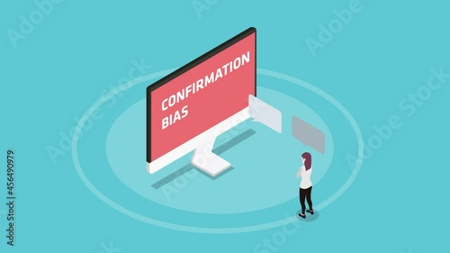 Woman look at confirmation bias text on monitor photo