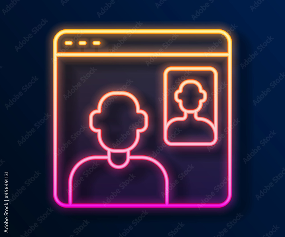Glowing neon line Video chat conference icon isolated on black background. Online meeting work form home. Remote project management. Vector Glowing neon line Video chat conference icon isolated on black background. Online meeting work form home. Remote project management. Vector