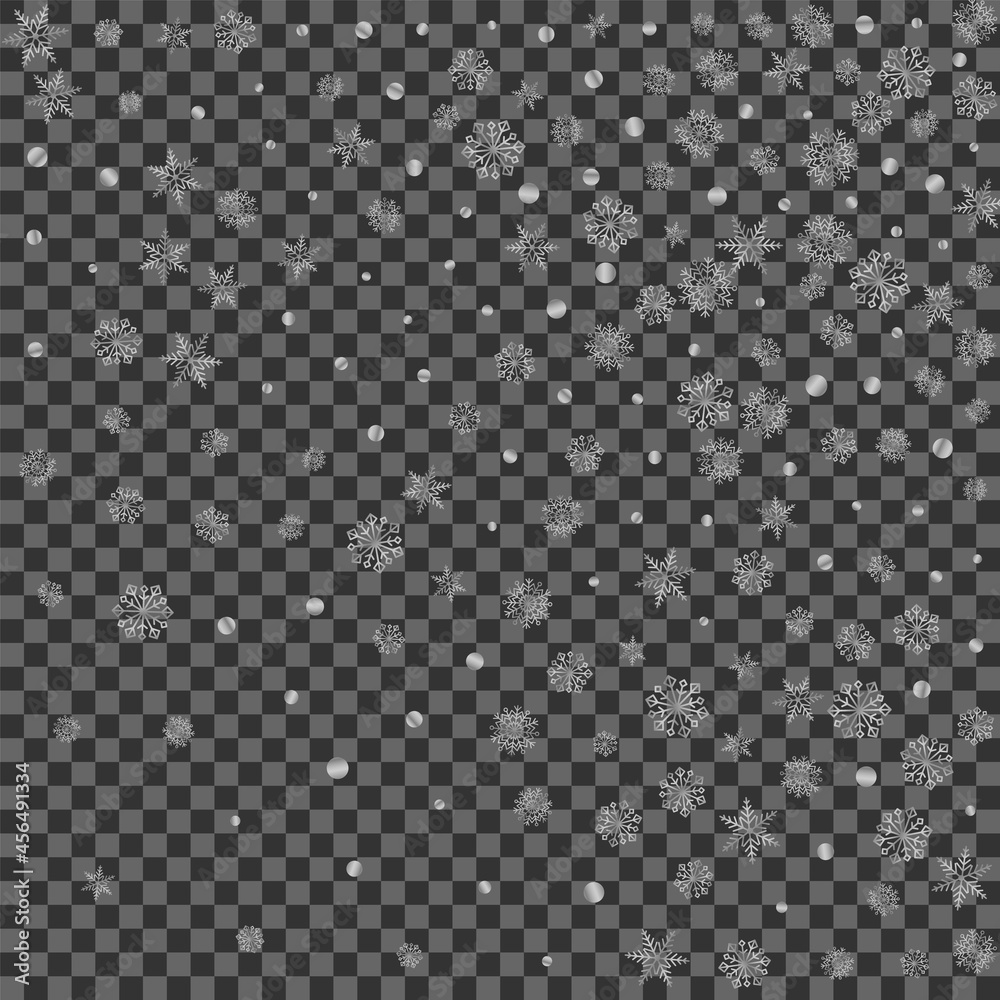 Luminous Confetti Background Transparent Vector. Flake Graphic Illustration. Silver Dot Snowflake. Grey Snowy Card.