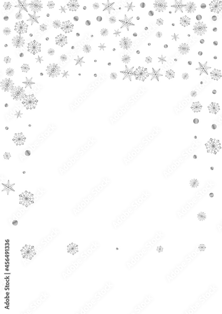 Silver Confetti Background White Vector. Snowflake Macro Illustration. Metal Flake Fall. Grey Flake Card.