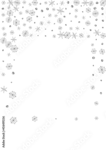 Silver Confetti Background White Vector. Snowflake Macro Illustration. Metal Flake Fall. Grey Flake Card.