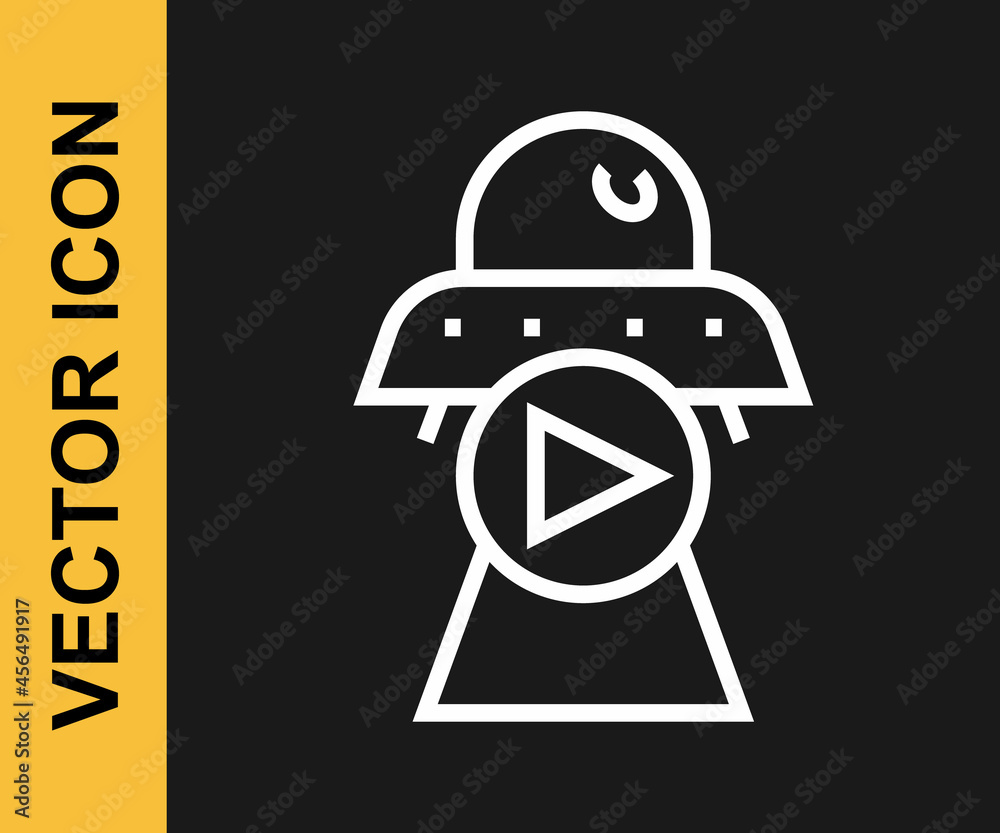 White line Science fiction icon isolated on black background. Sci fi movies, popular futuristic fantasy films. Cinema category. Flying saucer, UFO. Vector