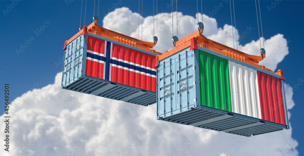Freight containers with Italy and Norway national flags. 3D Rendering 