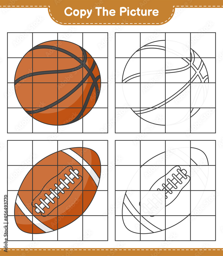 Copy the picture, copy the picture of Basketball and Rugby Ball using grid  lines. Educational children game, printable worksheet, vector illustration  Stock Vector | Adobe Stock