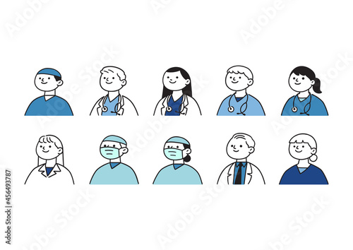 Doodle set of avatar medical team, hospital staff, hand-drawn icon style, character design, vector illustration.
