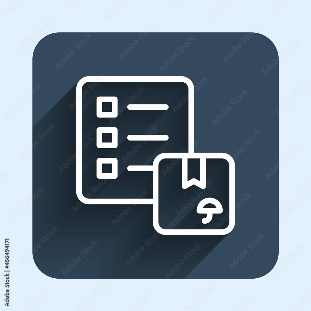 White line Verification of delivery list clipboard icon isolated with long shadow background. Blue square button. Vector White line Verification of delivery list clipboard icon isolated with long shadow background. Blue square button. Vector