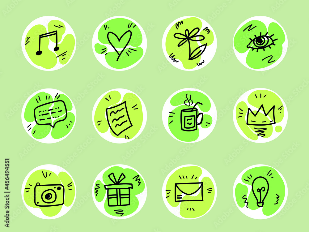 Set of green doodle story highlights covers. Hand drawn vector social media icons with heart crown eye flower cup gift box envelope lamp camera Set of green doodle story highlights covers. Hand drawn vector social media icons with heart crown eye flower cup gift box envelope lamp camera