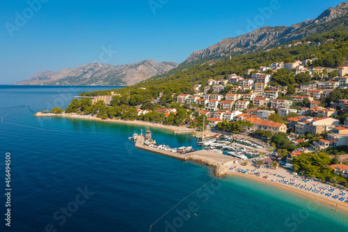 Aerial view of Gradac town below Biokovo mountain, the Adriatic Sea, Croatia