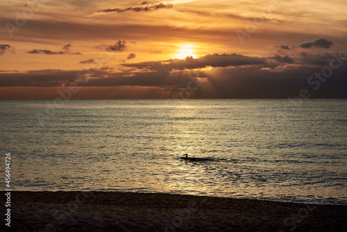 person swimming alone in the sea at sunset