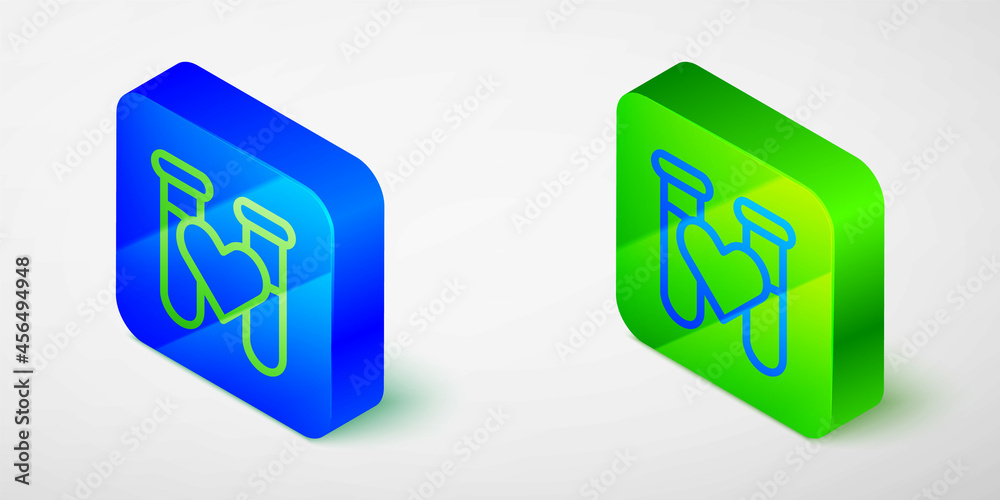 Isometric line Test tube or flask with blood icon isolated grey background. Laboratory, chemical, scientific glassware sign. Blue and green square button. Vector Isometric line Test tube or flask with blood icon isolated grey background. Laboratory, chemical, scientific glassware sign. Blue and green square button. Vector