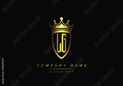 Alphabet letters LG monogram logo, gold color, shield style, luxury style, vector illustration
