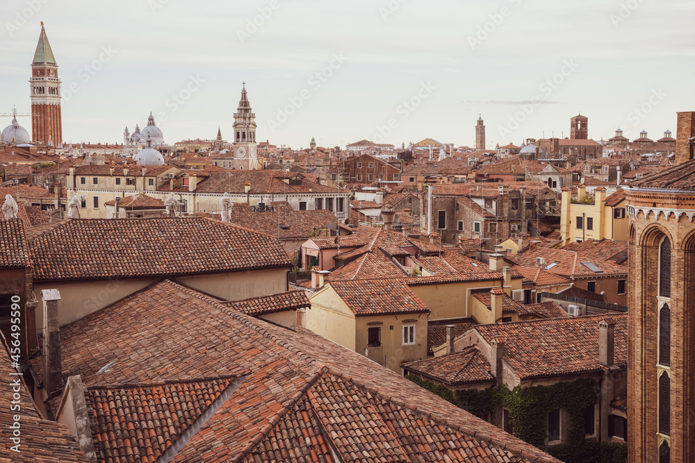 Aerial panoramic view of red roofs of Venice, sights of the old city of Venice, 