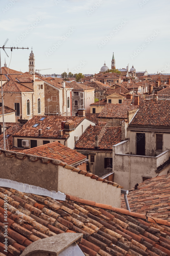 Aerial panoramic view of red roofs of Venice, sights of the old city of Venice, 