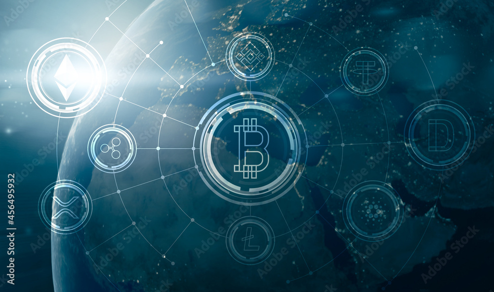 Cryptocurrency world blue modern background concept, top digital coin currency blockchain holding, online financial cash for exchange, futuristic future money transaction communication transfer. Cryptocurrency world blue modern background concept, top digital coin currency blockchain holding, online financial cash for exchange, futuristic future money transaction communication transfer.