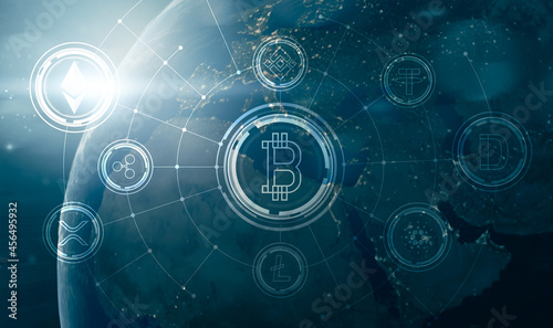 Wallpaper Mural Cryptocurrency world blue modern background concept, top digital coin currency blockchain holding, online financial cash for exchange, futuristic future money transaction communication transfer. Torontodigital.ca