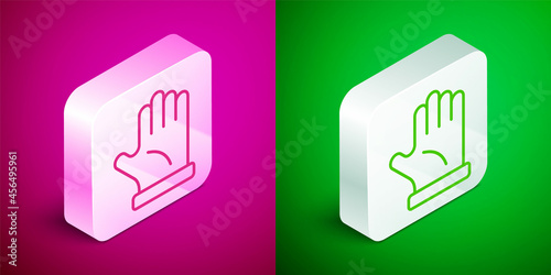 Isometric line Beekeeper glove icon isolated on pink and green background. Silver square button. Vector