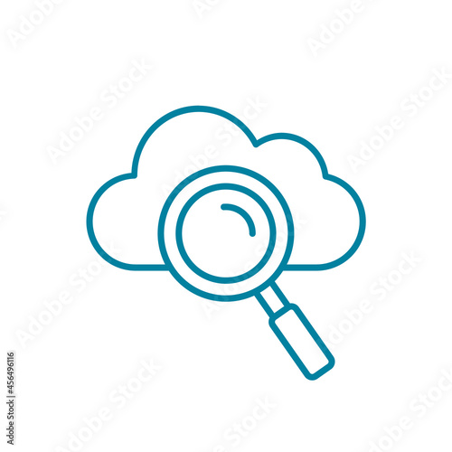 Search cloud line icon. Mignifying glass and cloud. Searching online database concept. Big data framework. Online storage technology. Data analytics. Finding results. Vector illustration, clip art. 