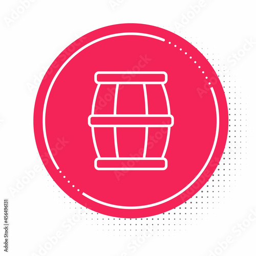 White line Wooden barrel with honey icon isolated on white background. Red circle button. Vector