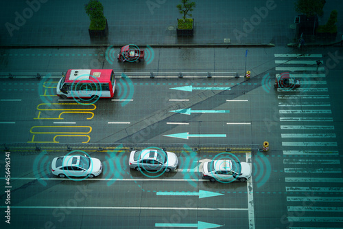 Photo Ai tracking traffic vehicle car recognizing sensor preventing collision, speed l