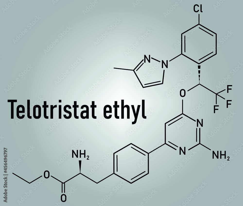 Fototapeta premium Telotristat ethyl drug molecule (tryptophan hydroxylase inhibitor) skeletal formula.