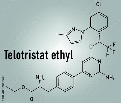 Telotristat ethyl drug molecule (tryptophan hydroxylase inhibitor) skeletal formula.