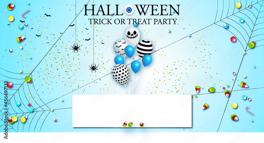 Hallowe'en. Trick or treat party. Halloween background for advertising, banners, brochures and flyers, with Halloween motif balloons, lots of sweets, bats and cobwebs