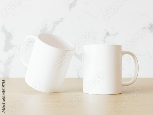 Pair of blank white mugs on wooden board against marble textured wall. Place for your content. 3D illustration.