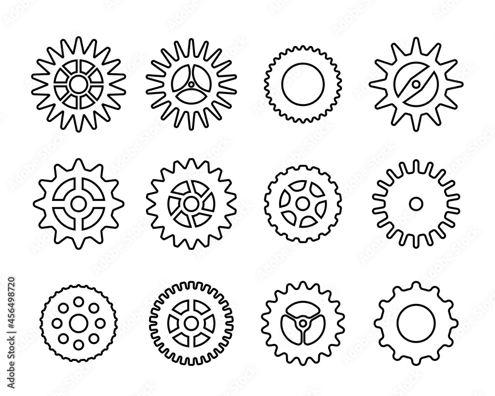 Black gear icon set. Cogwheel line style vector collection. Machine gears symbol