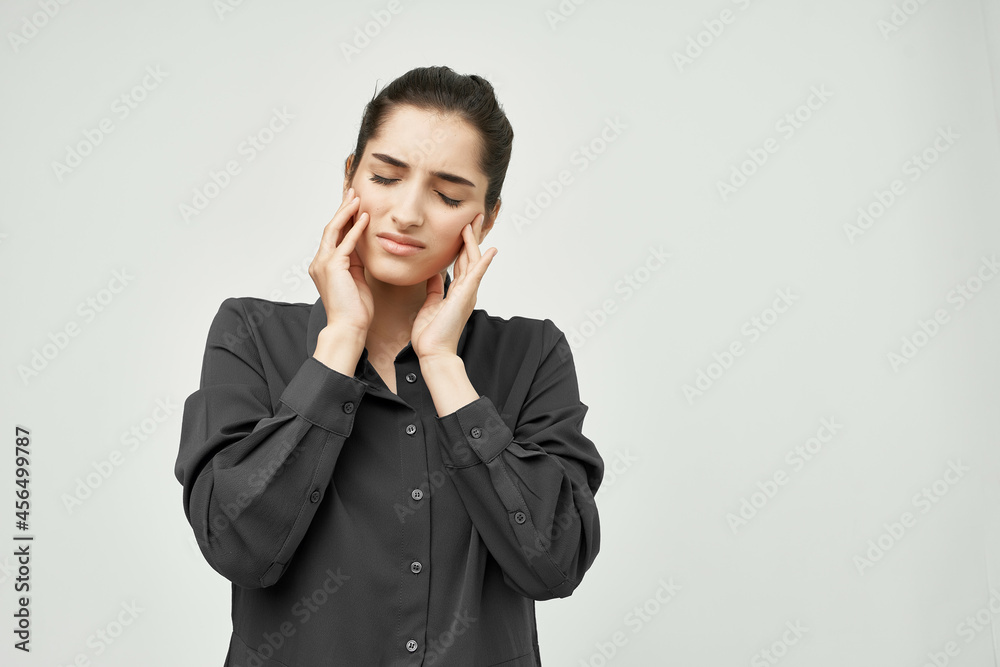 woman holding his head depressed isolated background woman holding his head depressed isolated background