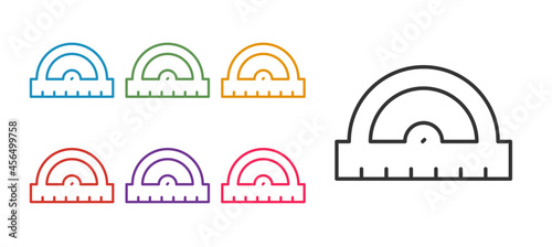 Set line Protractor grid for measuring degrees icon isolated on white background. Tilt angle meter. Measuring tool. Geometric symbol. Set icons colorful. Vector