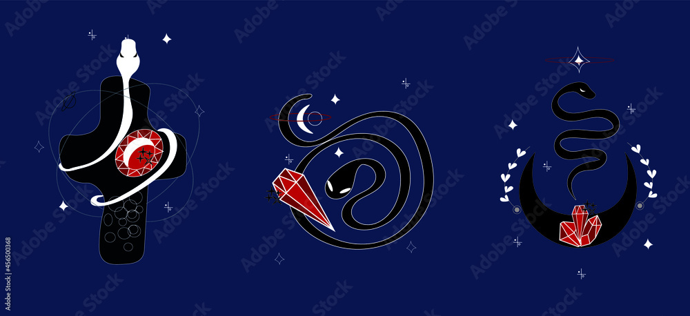 Fototapeta premium Mystical snake and moon. Red crystals