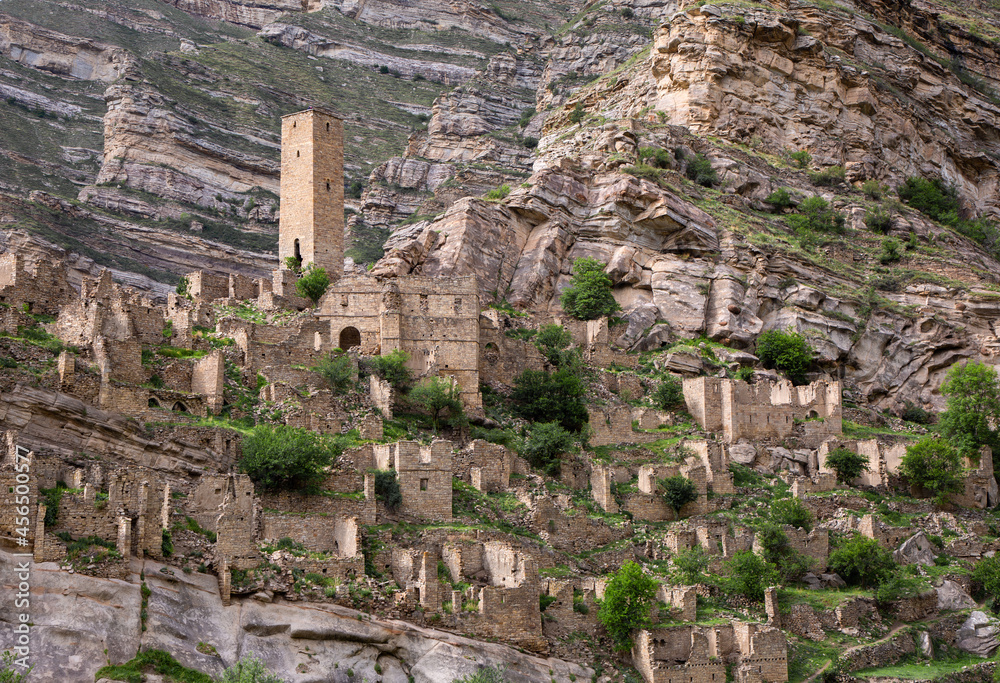 Ruins of the aul of the ghost of Kahib in the mountains of Dagestan
