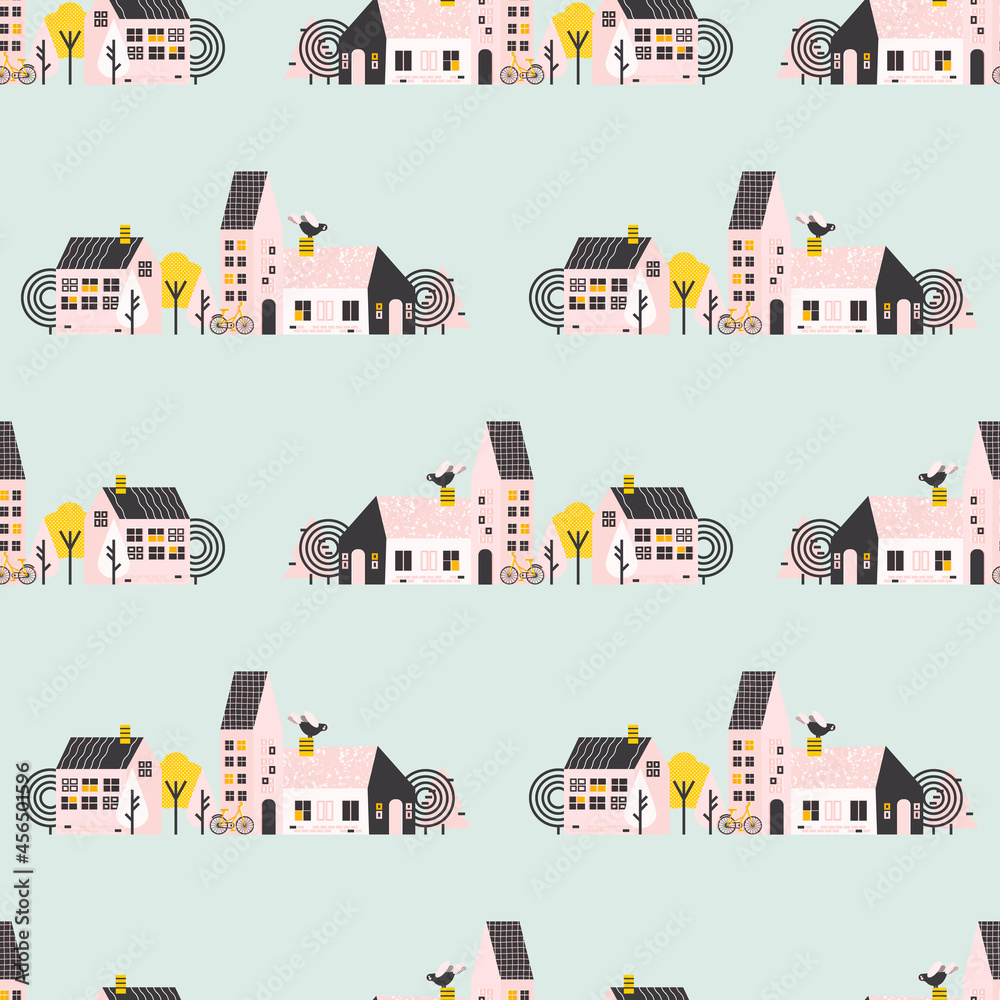 Seamless pattern with a beautiful city view. Cozy houses. A street with buildings, trees, a bike, and a bird. Vector illustration, design, fabric, wrapping paper