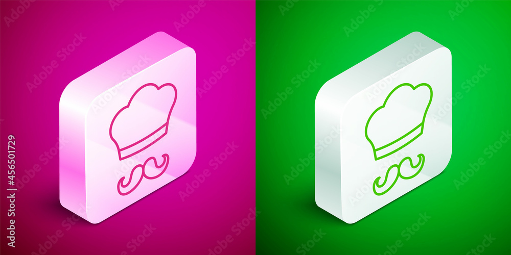 Isometric line Italian cook icon isolated on pink and green background. Silver square button. Vector Isometric line Italian cook icon isolated on pink and green background. Silver square button. Vector