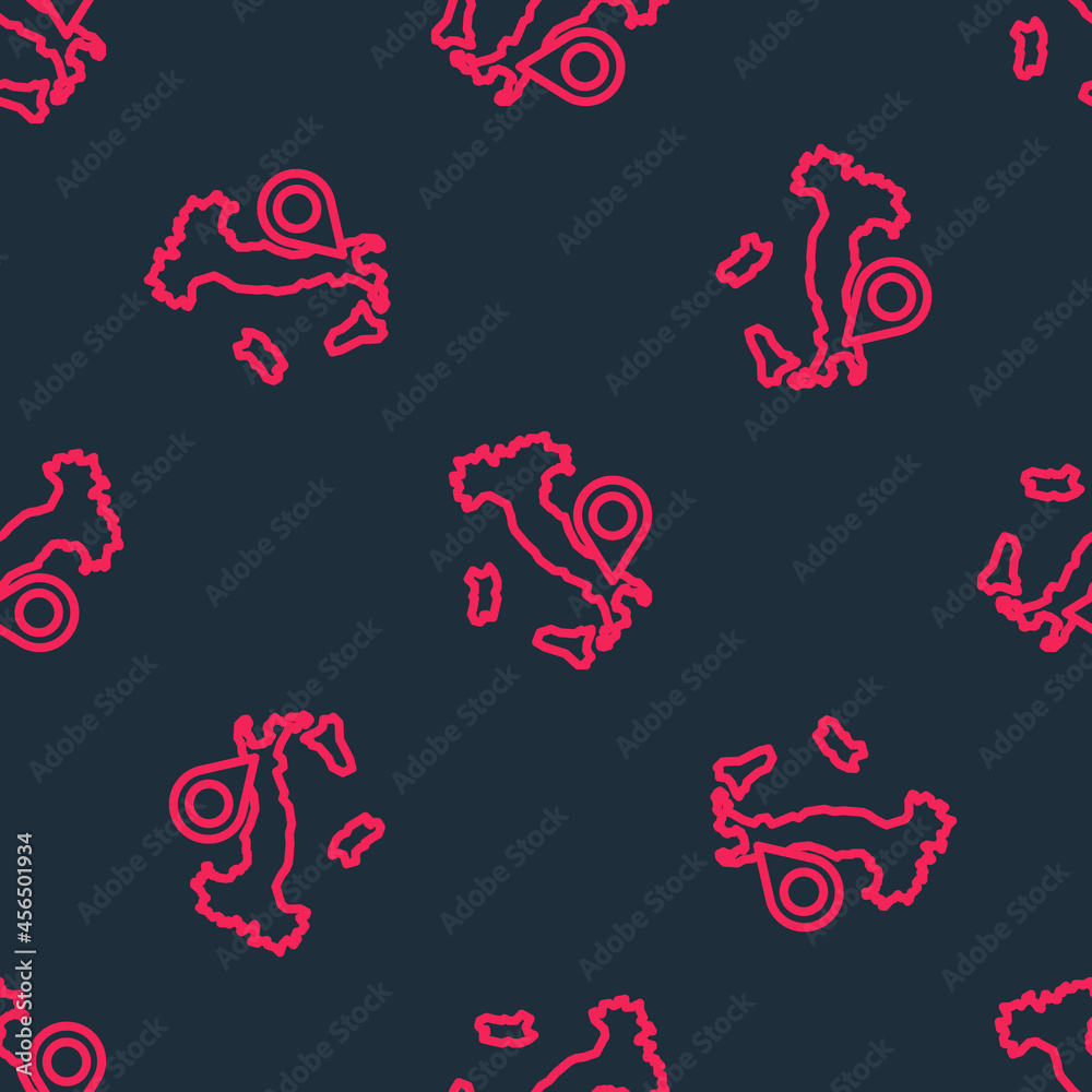 Red line Map of Italy icon isolated seamless pattern on black background. Vector Red line Map of Italy icon isolated seamless pattern on black background. Vector