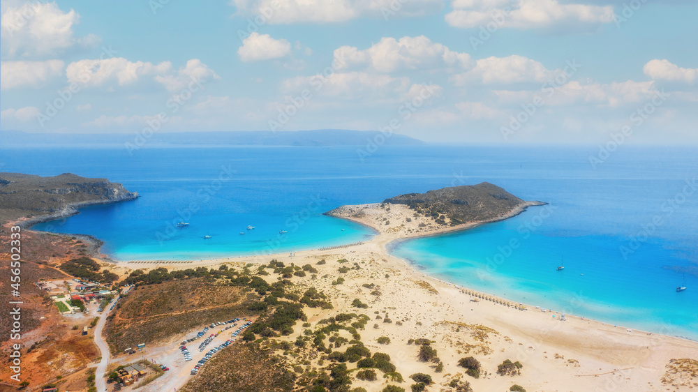 Aerial view of tropical seascape and beach of Simos, Elafonisos island, Peloponnese, Greece