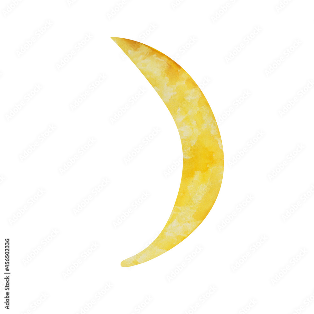 Moon isolated on a white background. Watercolor half-moon illustration. Arabian simbol clipart. Hand-drawn abstract object. Yellow moon in a cartoon style. Simple astronomical shape.