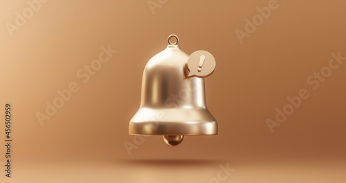 Fototapeta Gold important update notification bell alarm icon or receive email attention sms sign and internet message illustration on golden background with web communication symbol element