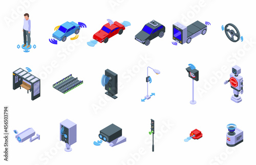 Road sensors icons set isometric vector. Traffic safety. System control