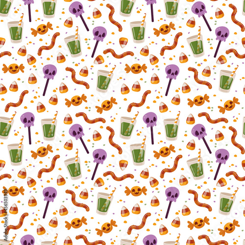 Seamless pattern with Halloween sweets on a white background. Lollipops, pumpkin, drink, worms and candy. Vector illustration in minimalistic flat style, hand made child s drawing. Textile printing