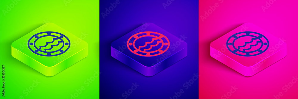 Isometric line Ship porthole with rivets and seascape outside icon isolated on green, blue and pink background. Square button. Vector Isometric line Ship porthole with rivets and seascape outside icon isolated on green, blue and pink background. Square button. Vector