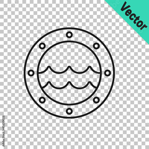 Black line Ship porthole with rivets and seascape outside icon isolated on transparent background. Vector