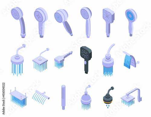 Shower heads icons set isometric vector. Water bathroom. Falling hose