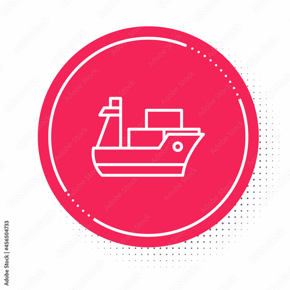 White line Cargo ship icon isolated on white background. Red circle button. Vector