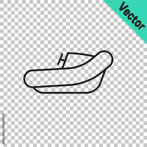 Black line Inflatable boat with outboard motor icon isolated on transparent background. Vector