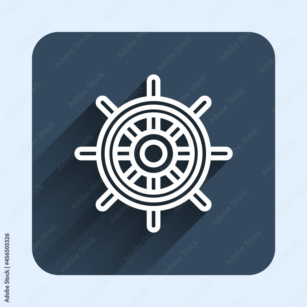 White line Ship steering wheel icon isolated with long shadow background. Blue square button. Vector White line Ship steering wheel icon isolated with long shadow background. Blue square button. Vector