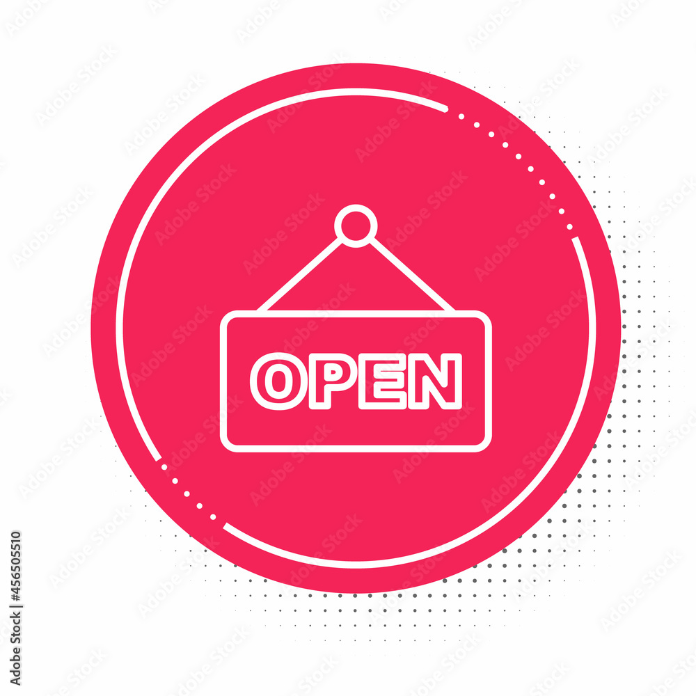 White line Hanging sign with text Open door icon isolated on white background. Red circle button. Vector White line Hanging sign with text Open door icon isolated on white background. Red circle button. Vector