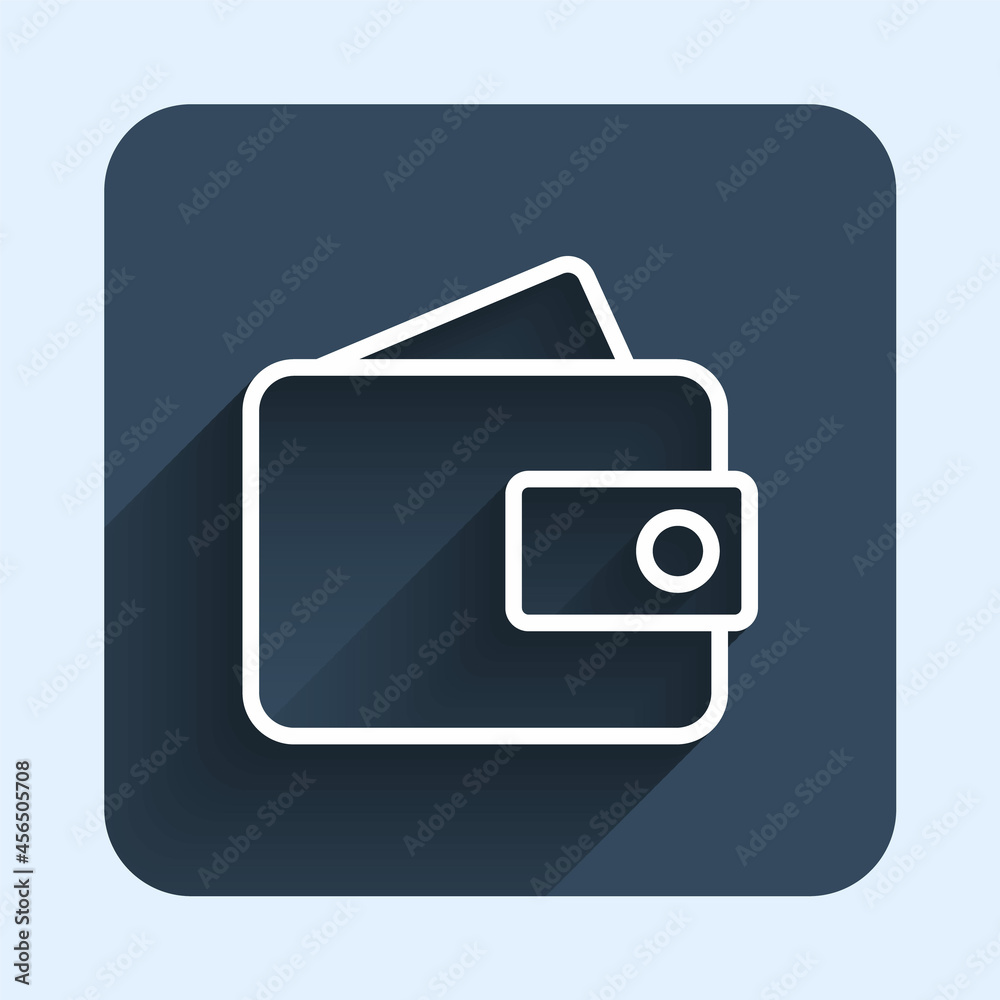White line Wallet icon isolated with long shadow background. Purse icon. Cash savings symbol. Blue square button. Vector White line Wallet icon isolated with long shadow background. Purse icon. Cash savings symbol. Blue square button. Vector