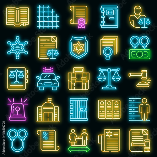 Criminal justice icons set. Outline set of criminal justice vector icons neon color on black
