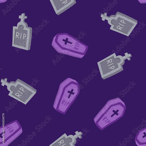 Cute coffin and headstone vector halloween seamless pattern on a violet background